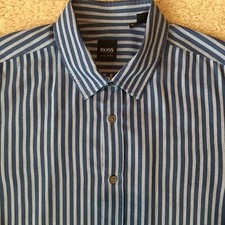 BOSS Hugo Boss Men  s Large Blue Striped Dress Shirt Regular Fit 100 Cotton