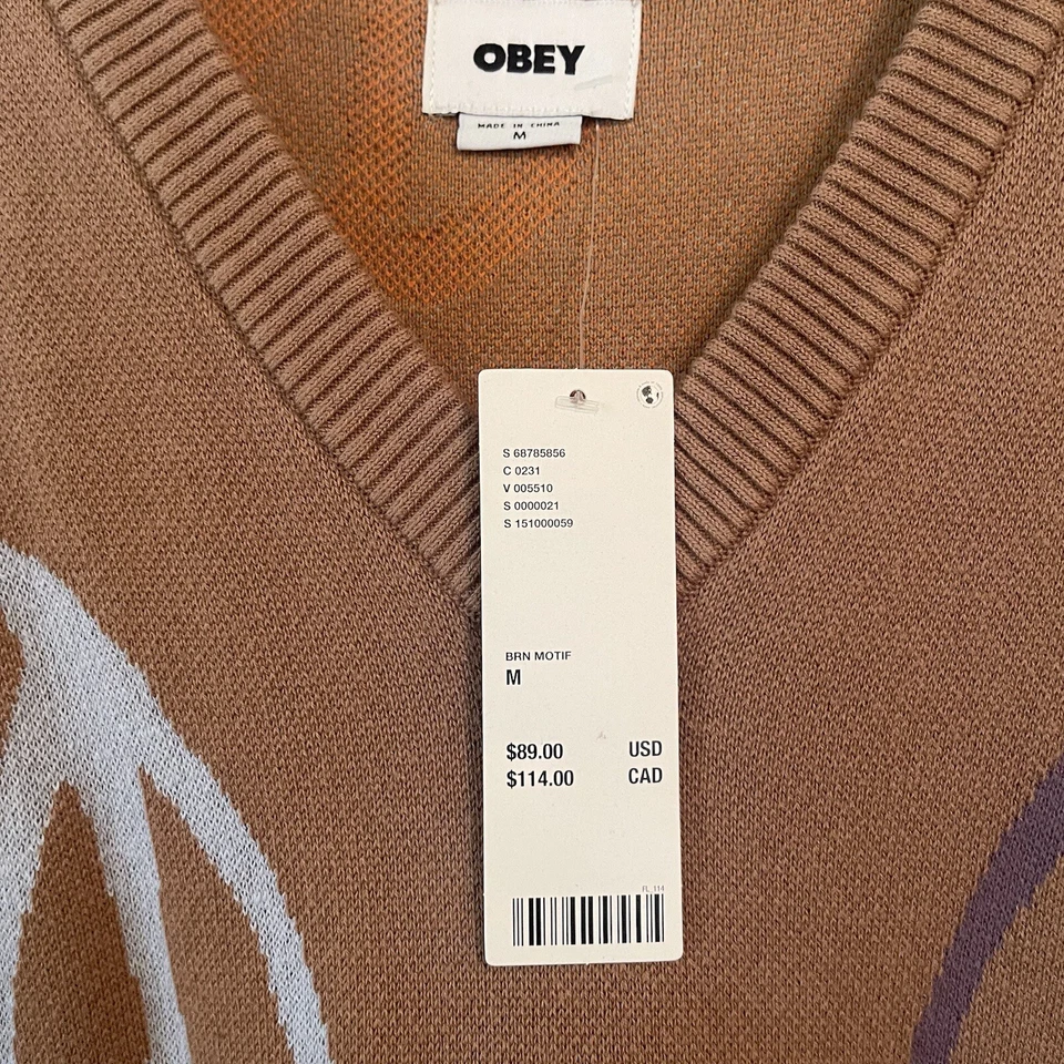 Obey Sweater Vest Peaced Men’s Medium Brown Peace Signs New With Tags Pullover - Image 2 of 4