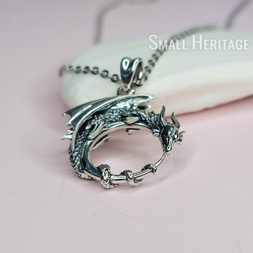 925 Sterling Silver Dragon Necklace Lucky Amulet Pendant Chain For Women Men - Picture 5 of 12