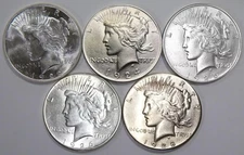 1921-1935 90% Silver Peace Dollars Lot of 5 Uncirculated Mixed Dates Collectible