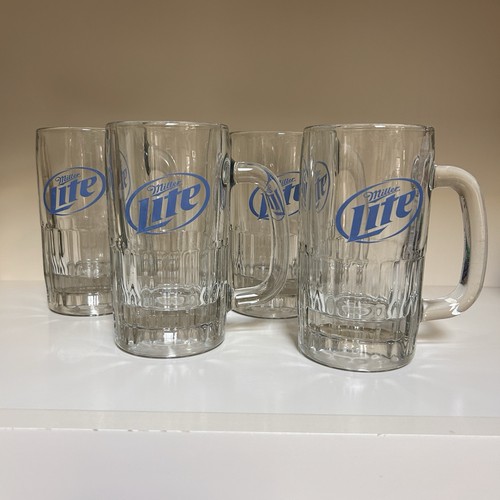 4-Vintage Miller Lite Glass Beer Mug Heavy” Ribbed Base 5" 1/2 In  10 Oz