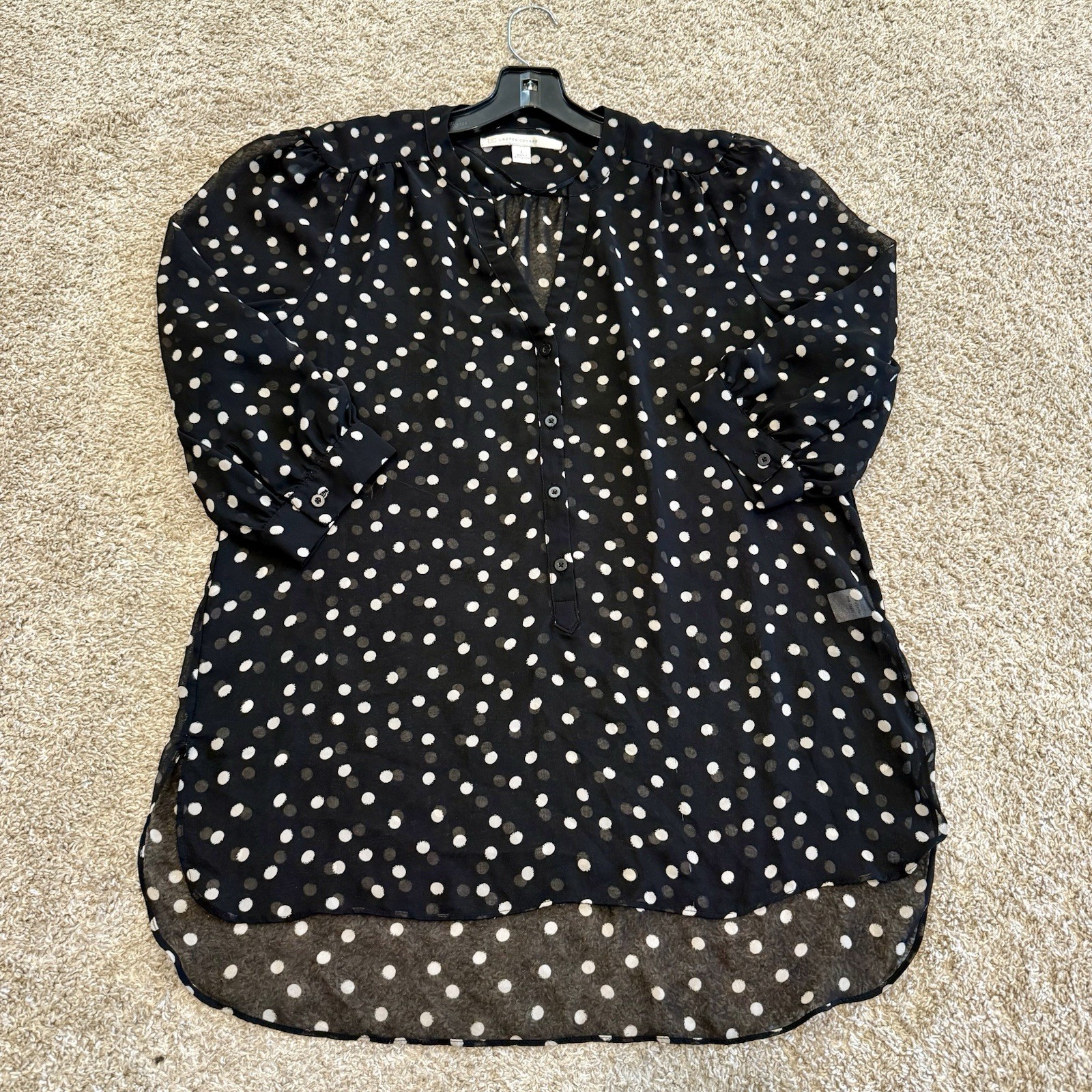 LC Lauren Conrad Women’s Size L  Blouse Top Sheer Black Polka Dots Career