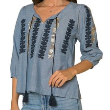 Raga Anthro Paityn Boho Chambray Tunic with emboidery and beaded sequins  large