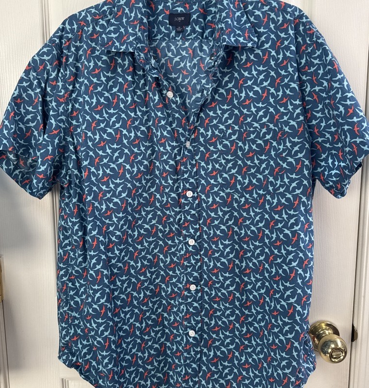 J.Crew men’s s/s button up shirt birds blue coral 100% cotton slim fit XL