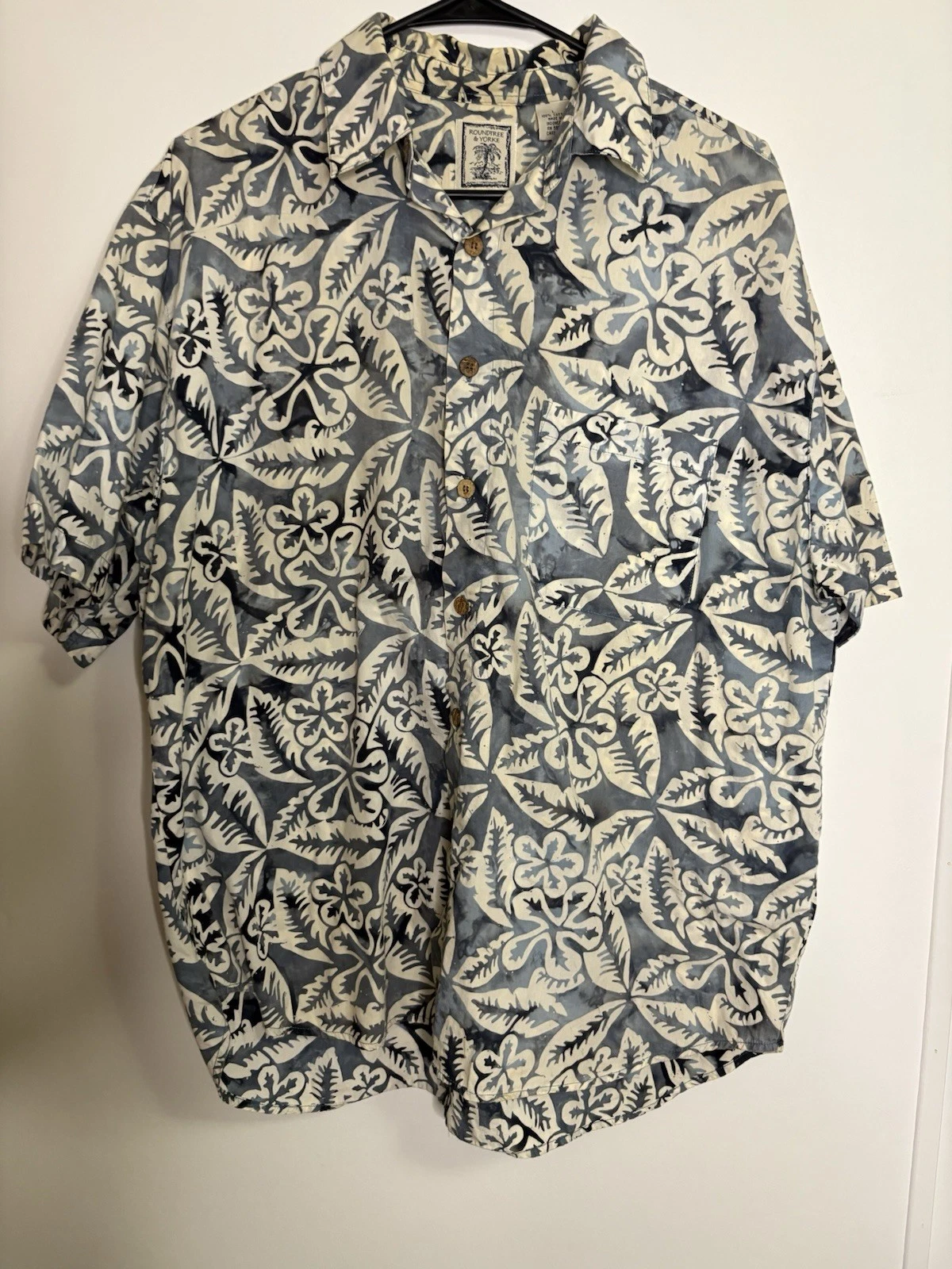 Pacific Legend Hawaiian Shirt - Floral Leaf Print Blue White - Men's Size L