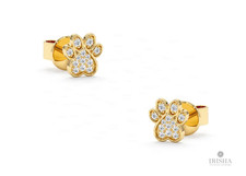 14K Yellow Gold 0.1 Ct. Diamond Paw Print Stud Earrings - Pet Lover Jewelry Gift