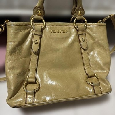 MIU MIU Vitello Lux 2way Shoulder Bag Beige Leather Tote Vintage 