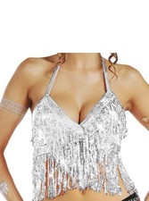 Sparkly Sequin Top and Skirt Fringe Hip Scarf Tassel Belly Silver Size XS