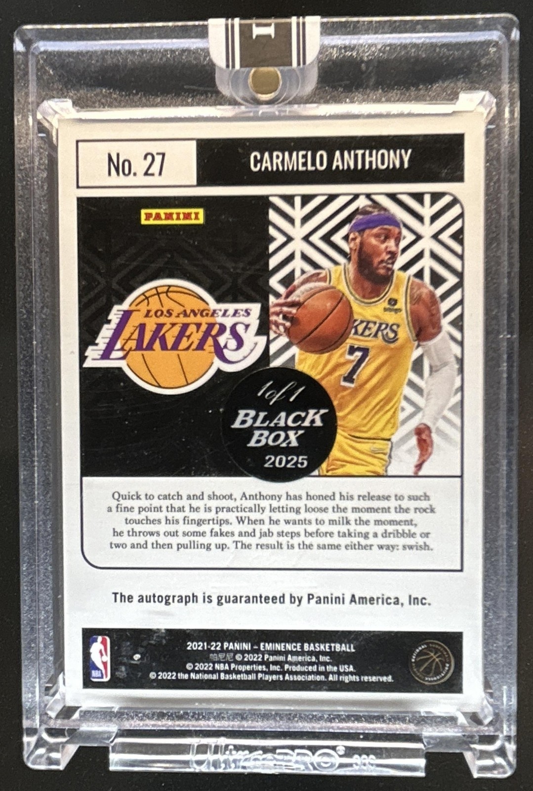 2025 Panini Black Box Carmelo Anthony 2021-22 Panini Eminence Auto #1/1 view 2
