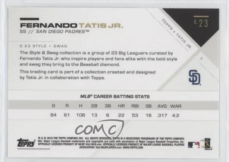 2019 Topps X Tatis Jr 023 Style & Swag Fernando Tatis Jr #1 Rookie RC - Image 2 of 2