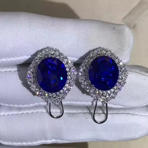 4Ct Oval Cut Lab-Created Blue Sapphire Halo Stud Earrings 14K White Gold Plated - Picture 2 of 6