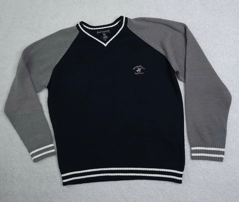 Vtg 80s Beverly Hills Polo Club V Neck Sweater Men's Medium Black Logo Acrylic - Image 2 of 4