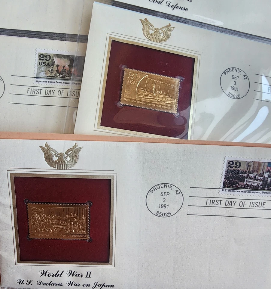 10 réplicas douradas. Selos dos EUA 22kt placa de ouro edição de primeiro dia. Segunda Guerra Mundial  - Imagem 3 de 4