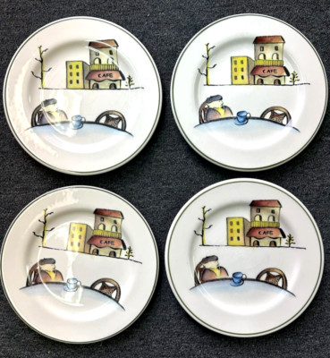 ROSANNA CERAMIC 8'' SALAD PLATES ( four of them) BISTRO CAFE SCENE  Made in ITALY