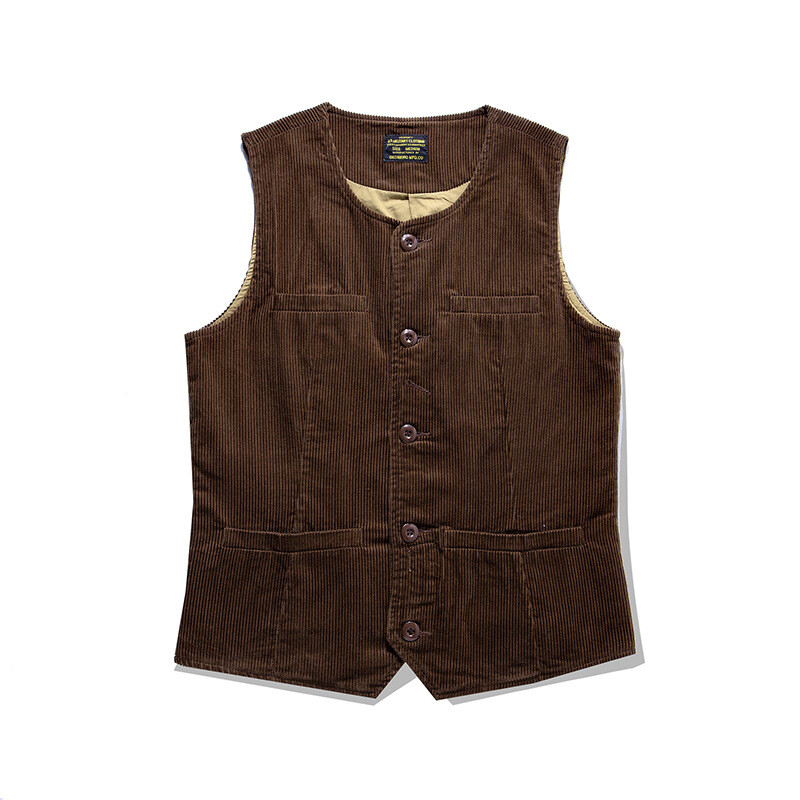 Retro Mens Corduroy Suit Vest Railroad Casual Multi-pockets