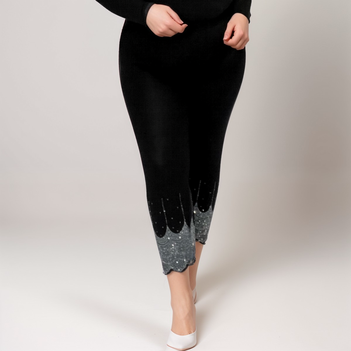 WOMENS LADIES LEGGINGS BEADED SCALLOP HEM HIGH WAIST PLUS SIZES