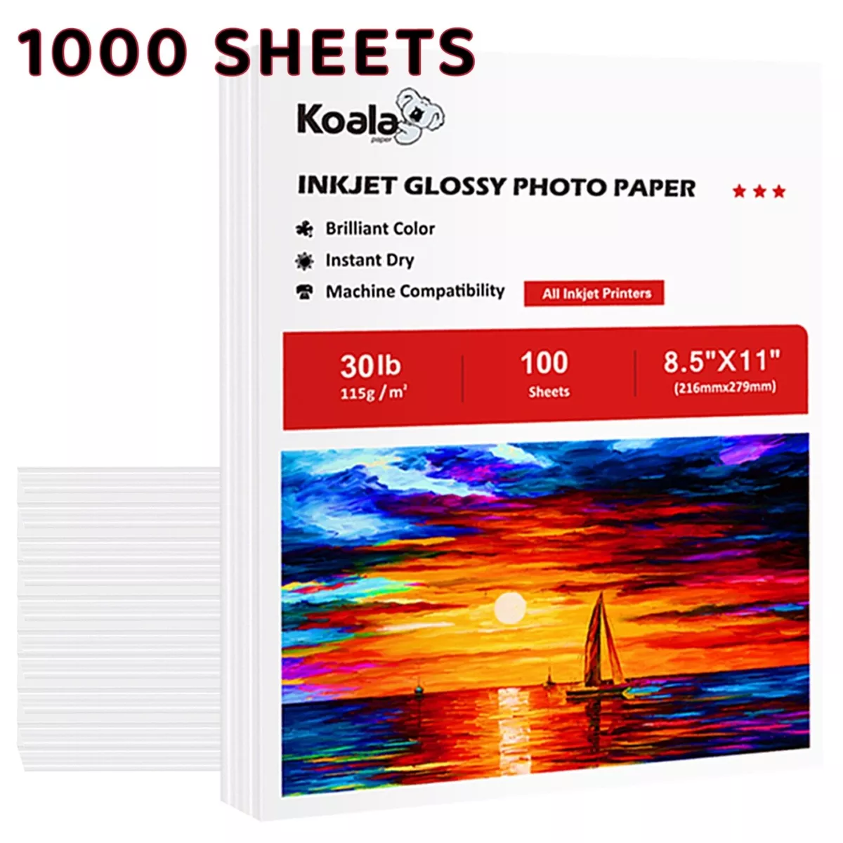 Bulk 1000 Sheets Koala Photo Paper 8.5x11 Glossy 30lb Thin Gloss