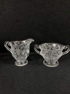 Cambridge Rose Point Etched Open Footed Individual Sugar and Creamer *READ*
