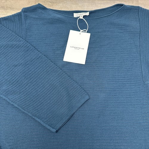 Lafayette 148 Ribbed Semi-sheer Women's Small Pullover Mountain Blue Long Sleeve