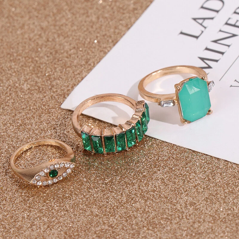 6 pcs set Green Rhinestone Rings Vintage Crystal Snake Adjustable