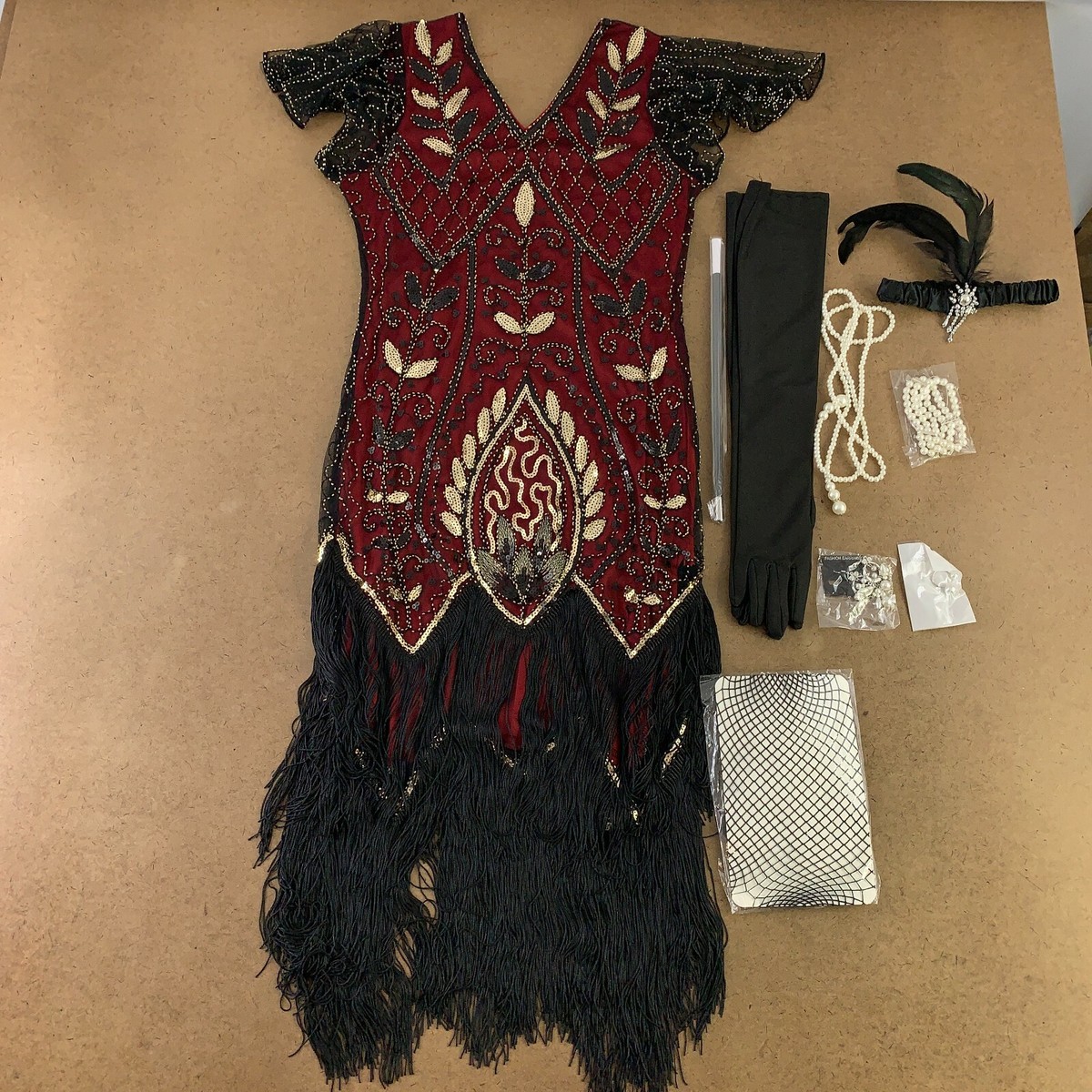 red and black flapper dress Women's Small Red Black Sequin Fringe Flapper Dress & Accessory Set 9  Pieces New