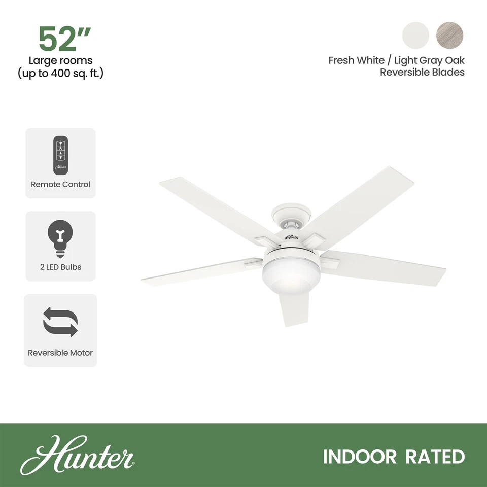 Hunter Fan 52 in Casual Matte White Indoor Ceiling Fan with Light Kit and Remote - Image 2 of 4