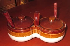 Beautiful Condiment Pottery 2 Separate Pieces / 3 containers