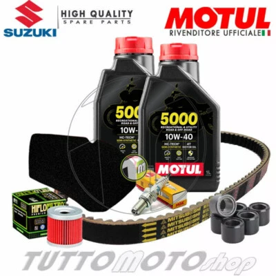 MOTUL - HIFLO - NGK - BANDO - MITSUBOSHI KIT TAGLIANDO SUZUKI BURGMAN 150 2006 OLIO CINGHIA RULLI FILTRI CANDELA