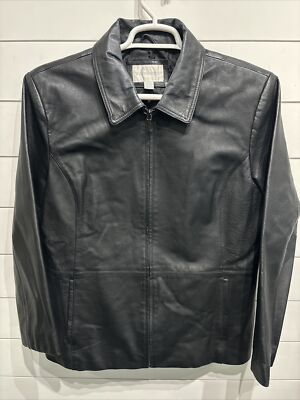 Worthington Genuine Lambskin Leather Coat Black Jacket Womens Size XL Full Zip