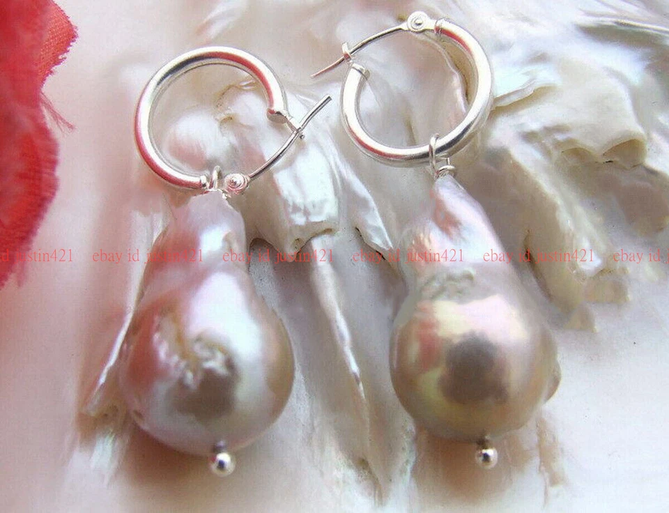 Real Huge 13x21mm South Sea Purple Kehsi Baroque Pearl Silver Dangle Earrings - Image 2 of 4