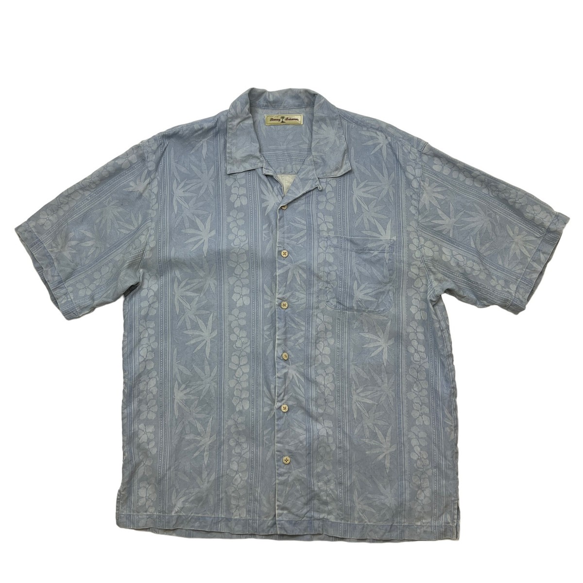 Tommy Bahama Silk Shirt Mens L Large Blue Floral Bamboo Inlay