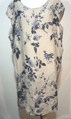 Lungo L'Arno Women Linen Dress 3X Tan Blue Floral Italy Summer Plus Size New NWT - Picture 2 of 10