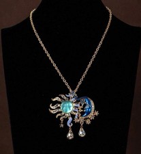 Moon Sun Star Necklace Pin Brooch Museum Chain Antique CZ Lucite Gold Boho VTG