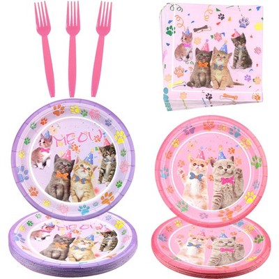 Cat Birthday Party Supplies Set Plates Napkins Forks Kids Serves 20 Guests