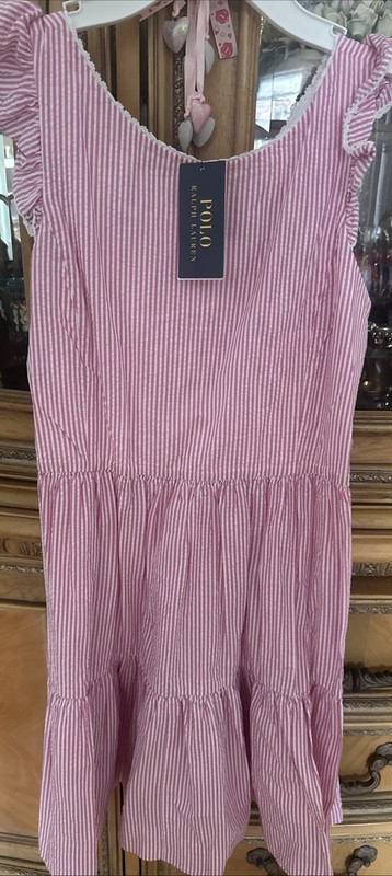 Polo Ralph Lauren Girls Size 16 NWT! Cute Pink White Pinstripe Dress 100% Cotton