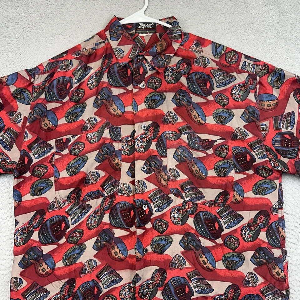 Impact Shirt Mens Medium Red Allover Print Silk Button Up Aztec Pottery Casual - Image 2 of 4