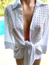 Mishca Long Sleeve peasant Eyelet holes Sheer Shirt Top women Blouse Front Tie S