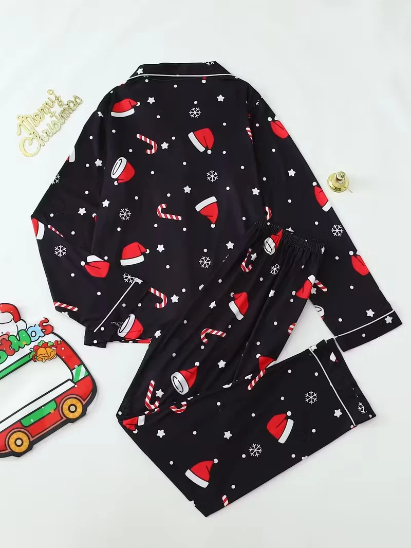 Black Xmas Cap Snowflake Long Sleeve Pajama Set 3D All Over Print