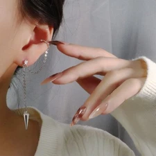 1Pc Punk Rock Rivets Chain Tassel Dangle Ear Stud Cuff Earrings Eardrop S1