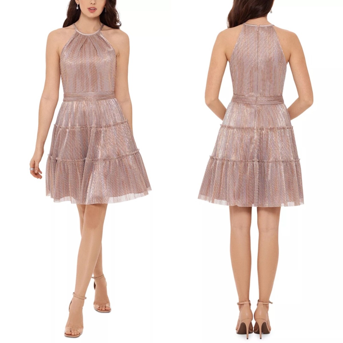NEW XSCAPE Mauve METALLIC Tulle TIERED SKIRT Fit Flare COCKTAIL
