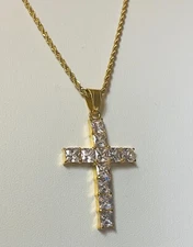 Gold Finish Square CZ Cross Pendant Necklace with Rope Chain Sparkling Statement