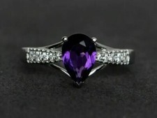 Women's Solitaire With Accent Cocktail Ring Pear Lab Created Amethyst 925 Silver