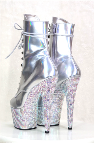 Bejeweled Silber Strass Plateau Schnürstiefeletten 7" High Heels  - Video 1 von 1