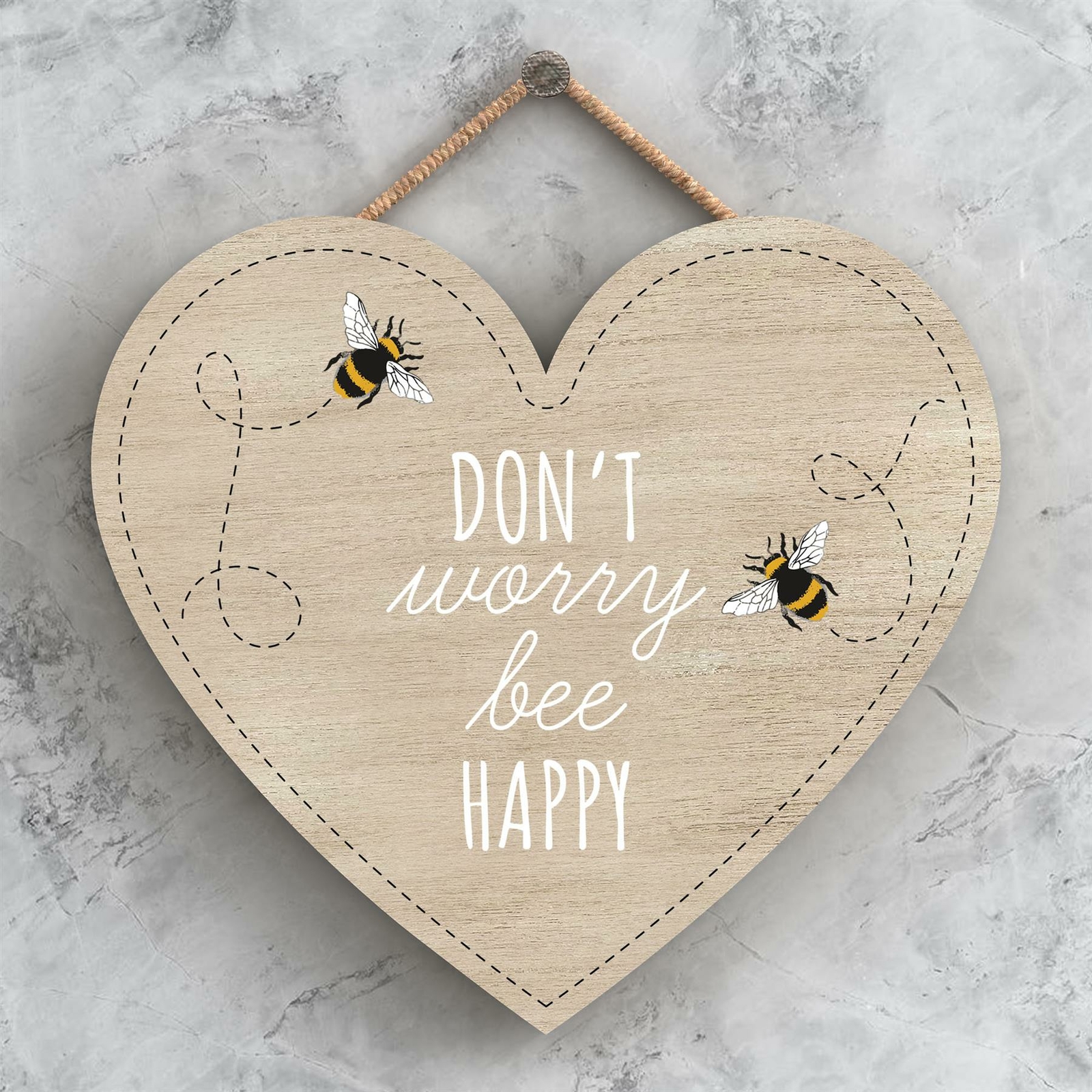 DON'T WORRY BEE HAPPY BEE THEMED DECORATIVE WOODEN HEART SHAPED HANGING PLAQUE