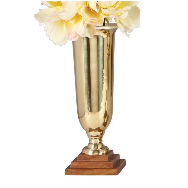 Set of Two Altar Vases Wood/Brass 111/4" H, 41/4" SQ Base Liners