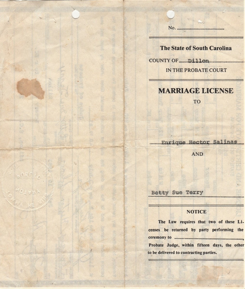Original 1957 Marriage Certificate - Dillon, South Carolina - Salinas /  Terry