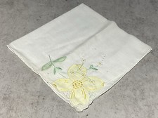 Vintage Yellow Flower Embroidery In Corners Hankie Handkerchief
