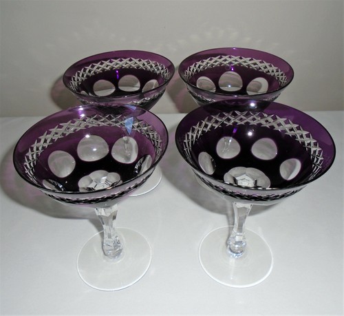Bohemian Czech Crystal Martini Cocktail Glasses Amethyst Cut To Clear Set of 4 - Picture 5 of 5