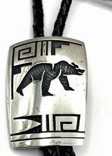 Vintage Lawrence Saufkie Sterling Silver Overlay Bolo Tie Bear Theme Hopi