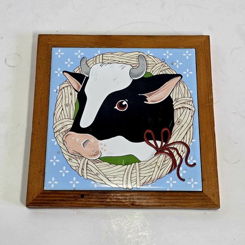 Hanging Wood Framed Holstein Cow Tile Trivet Farmhouse Country Cattle Folk Decor